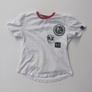 Hyein Seo Red And White Ringer Baby Tee With Patches